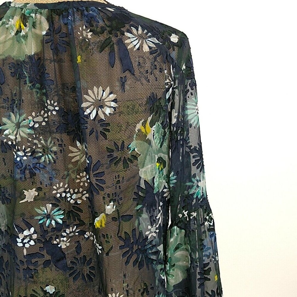 Loft Womens sz XS Top Blouse Blue Floral Sheer Button Keyhole Long Bell Sleeve - Picture 6 of 8